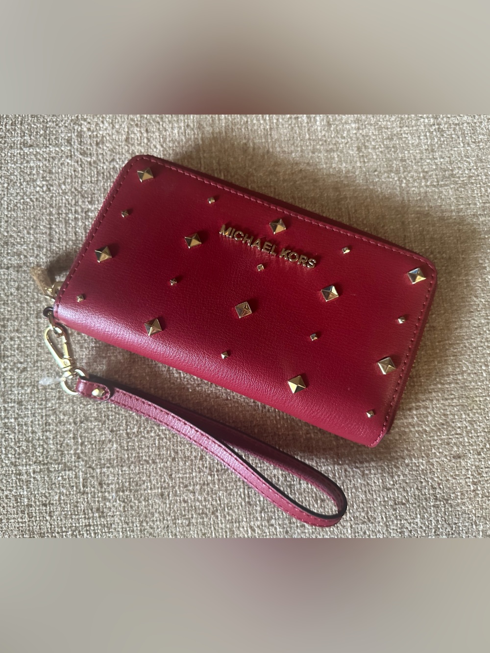 Michael Kors Red Leather Studded Wristlet Phone Case with Gold Hardware